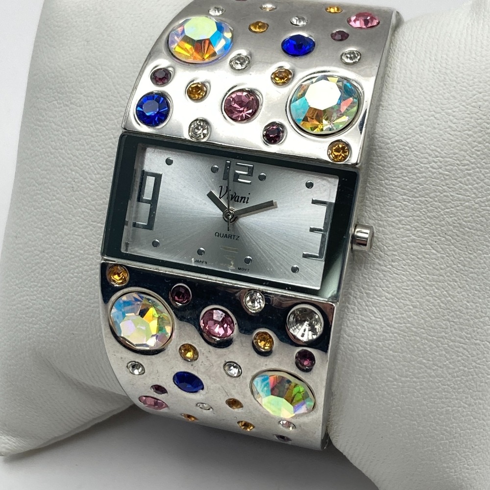 Vivani Women's Watch Rainbow Crystals MISSING STONE Silver Tone Cuff New Battery